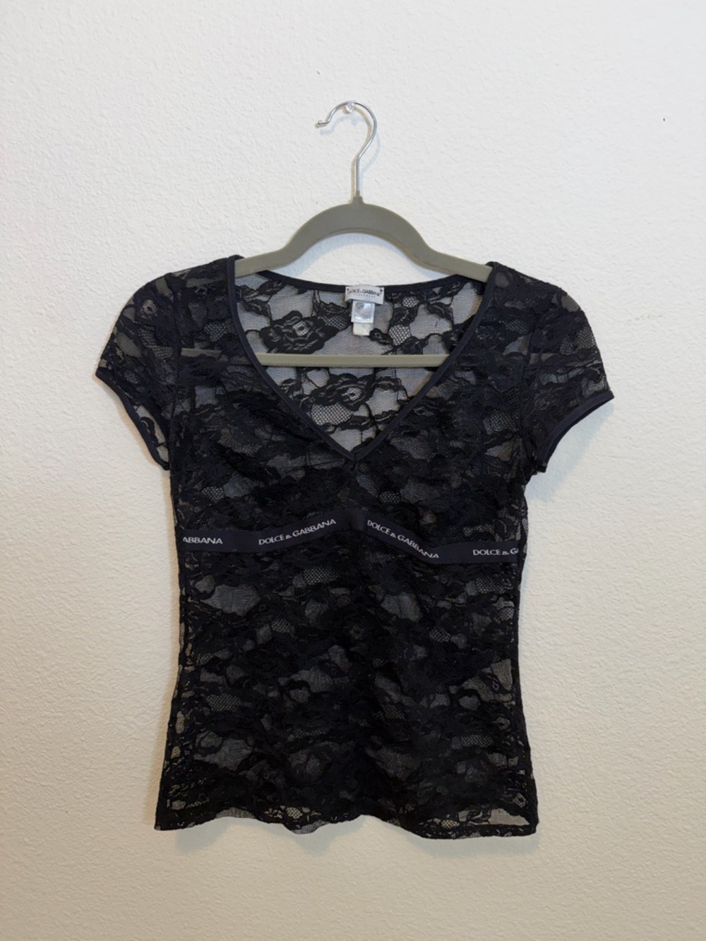 Dolce & Gabbana Black Lace V-Neck Short Sleeve Top